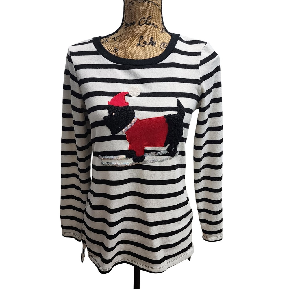 French Laundry Medium Black White Striped‎ Scottie Dog Holiday Christmas Top